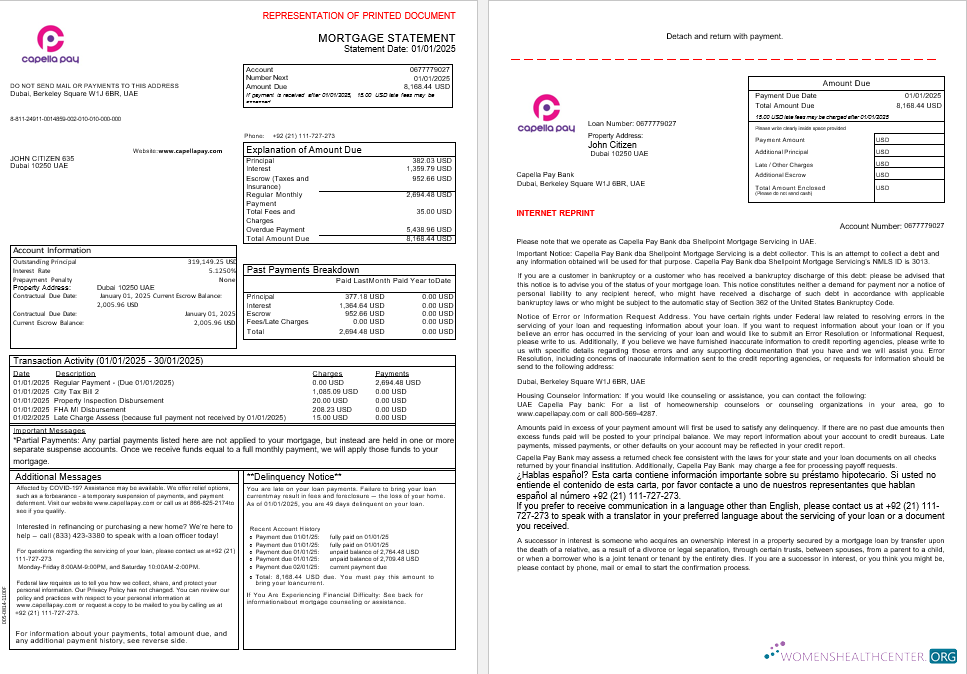 Download UAE Capella Pay bank mortgage statement in Word and PDF formats, 3 pages 1 2 Photoshop template